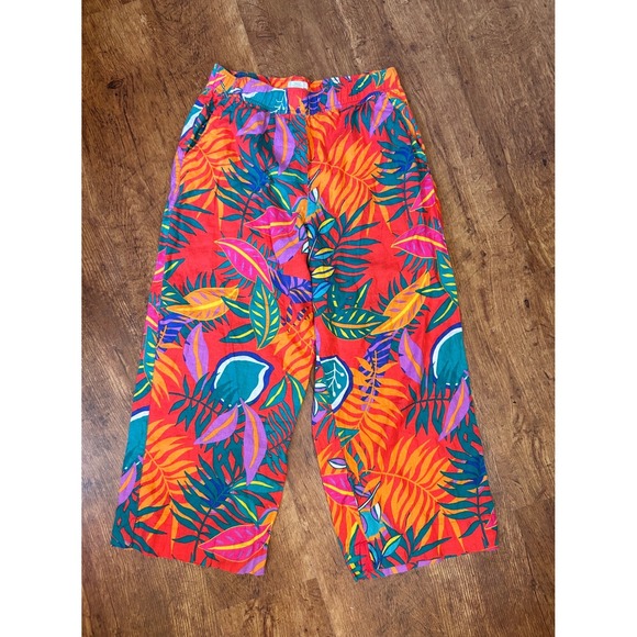 C&C California Pants - C&C California Linen Tropical Print Wide Leg Pants Orange floral print w/ flaws